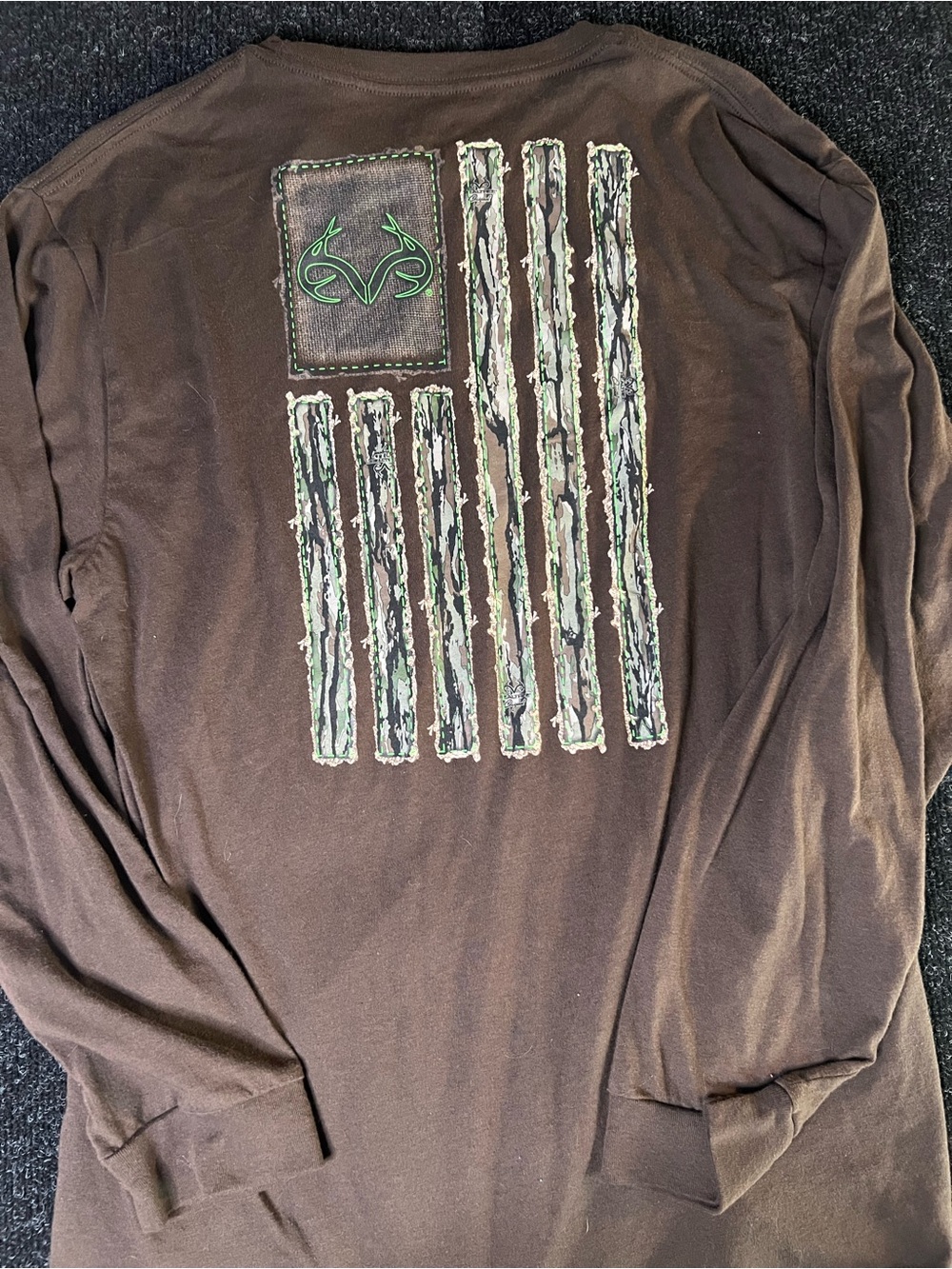 Realtree Brown Long-Sleeve Shirt with Green Camo Flag Graphic